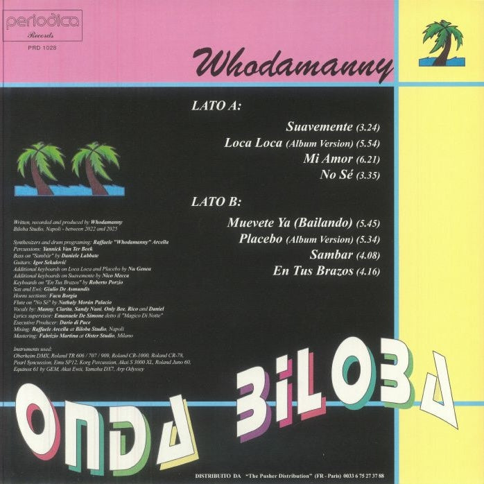 Vinilo Whodamanny – Onda Biloba LP de Periodica Records con tracklist Lado A y B, créditos y diseño gráfico minimalista.