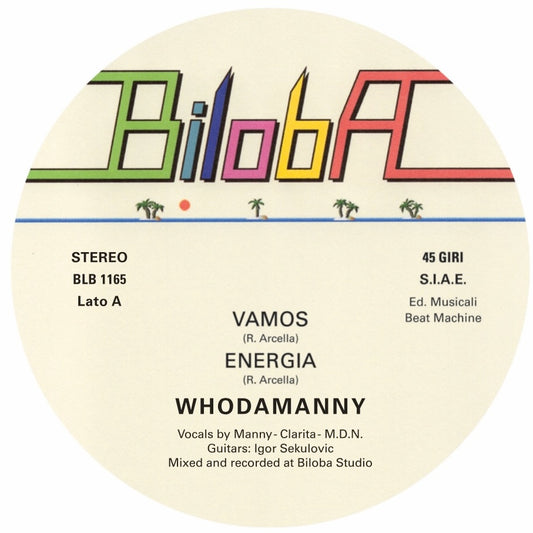 Lado A del vinilo Whodamanny – Vamos en Biloba, con “Vamos”, “Energia”, créditos y catálogo BLB 1165.