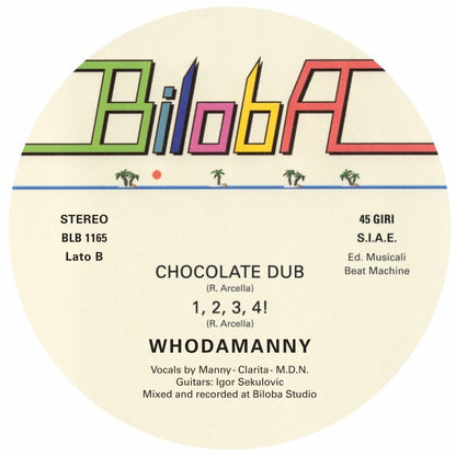 Lado B del vinilo Whodamanny – Vamos en Biloba, con “Chocolate Dub”, “1, 2, 3, 4!”, créditos y catálogo BLB 1165.