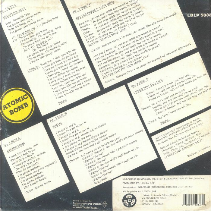 Portada trasera del vinilo con letras completas y créditos. William Onyeabor – Atomic Bomb, Luaka Bop. Formato: LP, reedición, vinilo rojo fission.