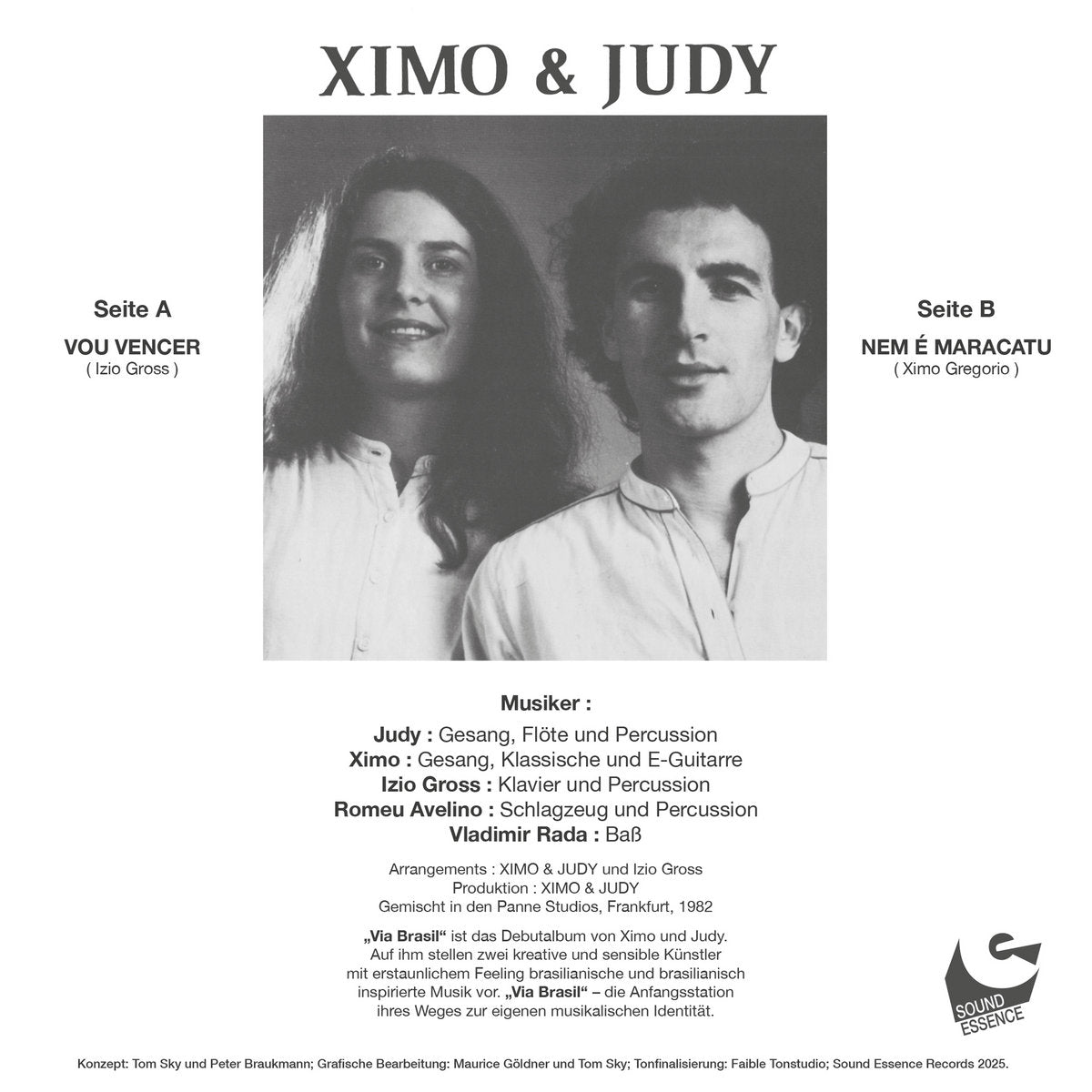 Contraportada del vinilo Ximo & Judy – Via Brasil con retrato en blanco y negro, créditos, lista de temas y detalles de producción de Sound Essence.