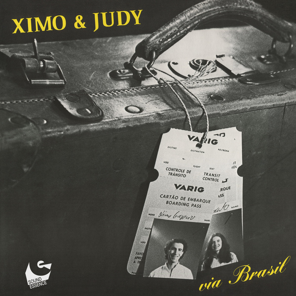 Portada del vinilo Ximo & Judy – Via Brasil, edición limitada de Sound Essence, con maleta vintage y tarjetas de embarque Varig que evocan viajes musicales brasileños.