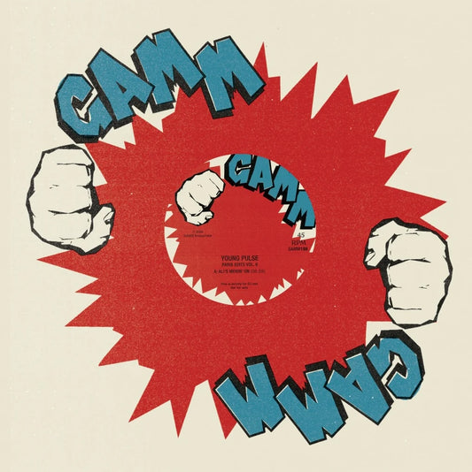 Portada del vinilo Young Pulse – Paris Edits Vol. 9: etiqueta roja 45 RPM del sello G.A.M.M. con gráfico explosivo “GAMM” y puños ilustrados alrededor del centro.